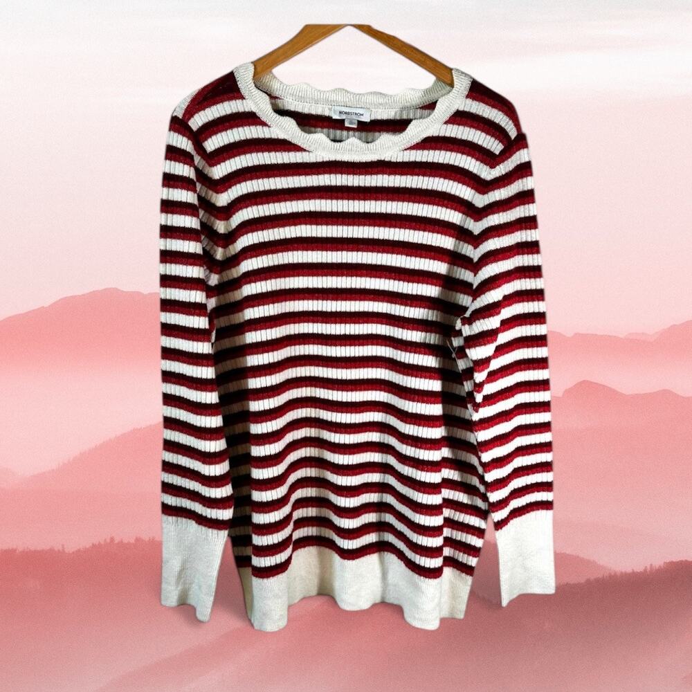 Nordstrom New Women Plus Size 3X Striped Pullover Sweater Cream Red Classic Cozy